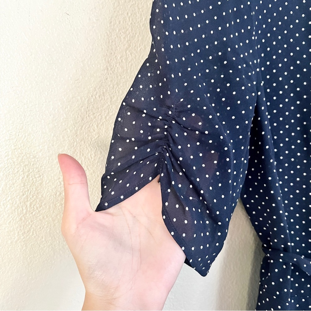 REFORMATION Button Polka Dot Mini Wrap Dress in Navy Blue - Picture 6 of 7